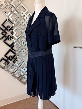 Navy Button-Front Pleated Shirt Dress with Belt